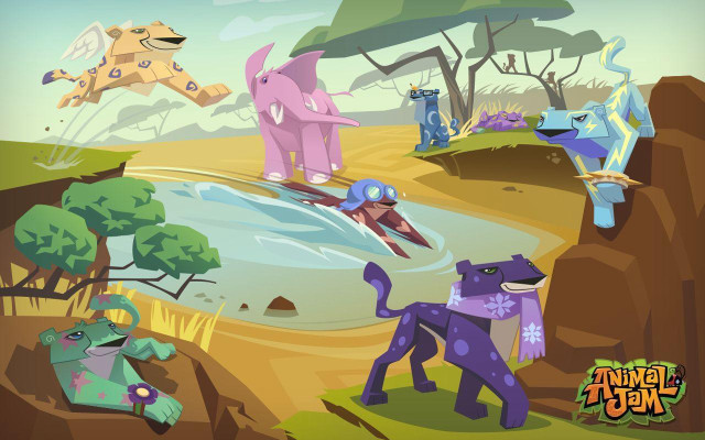 Cartoon animals pond forest trees free wallpaper for desktop - medium preview image