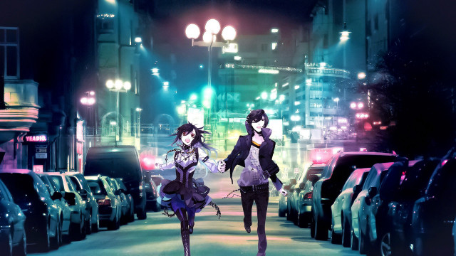 Anime characters night street cars free wallpaper for desktop - medium preview image