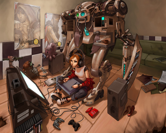 Woman sitting table computer robot free wallpaper for desktop - medium preview image