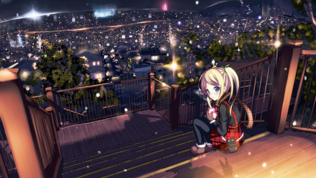 Anime girl balcony snow night free wallpaper for desktop - medium preview image