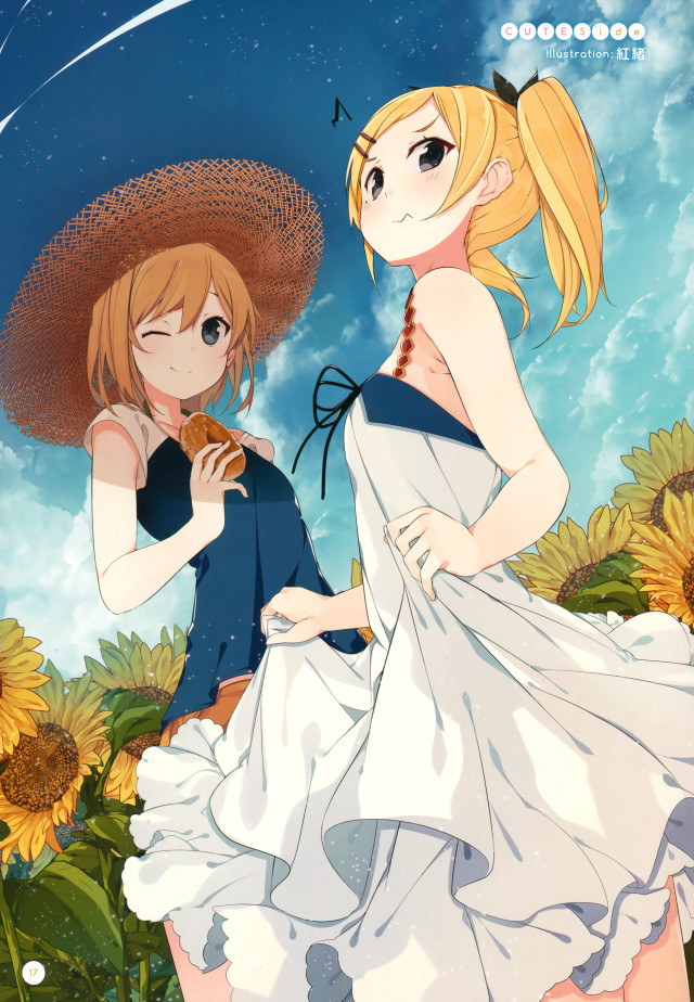 Anime girls sunflowers blue sky free wallpaper for mobile - medium preview image
