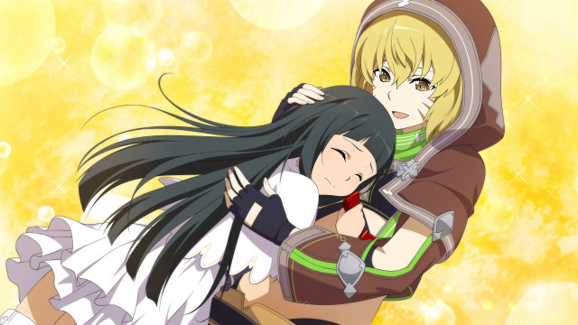 Anime couple hugging yellow bubbles free wallpaper for desktop - medium preview image