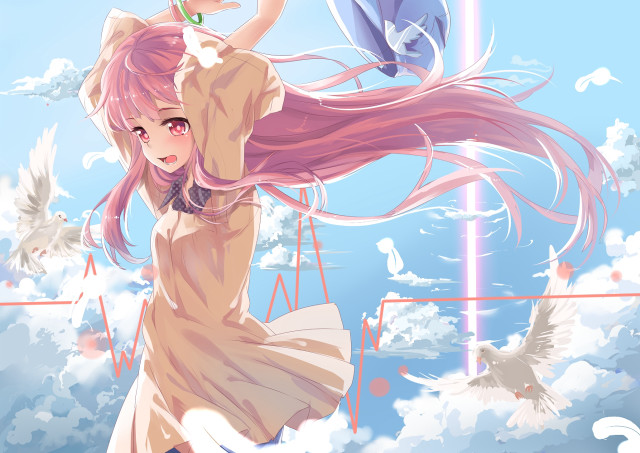 Girl pink hair flying birds free wallpaper for desktop - medium preview image
