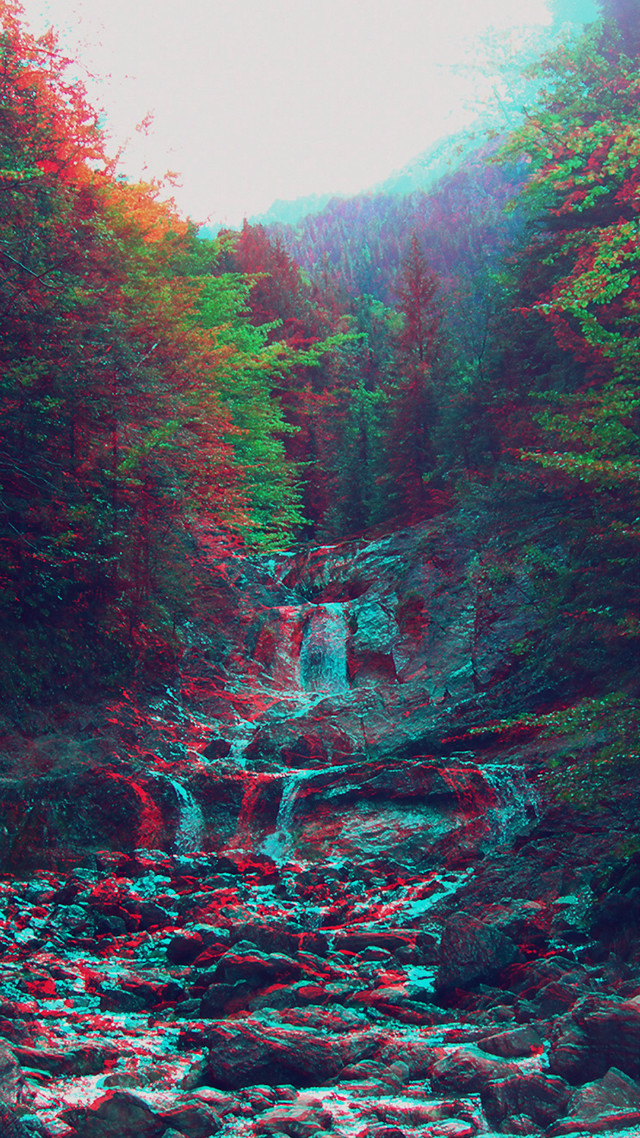 Waterfall forest rocks trees red free wallpaper for mobile - medium preview image