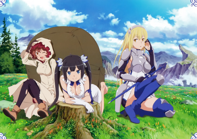 Anime girls tree stump field free wallpaper for desktop - medium preview image