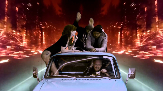 Two people car dog hood free wallpaper for desktop - medium preview image