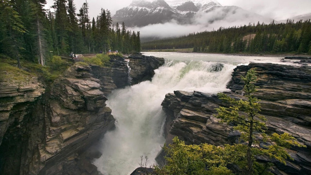 Waterfall man forest mountains fog free wallpaper for desktop - medium preview image