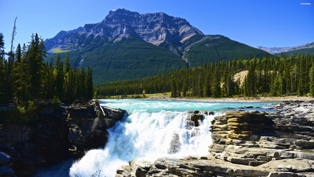 Waterfall mountain river forest bridge free wallpaper for desktop - medium preview image