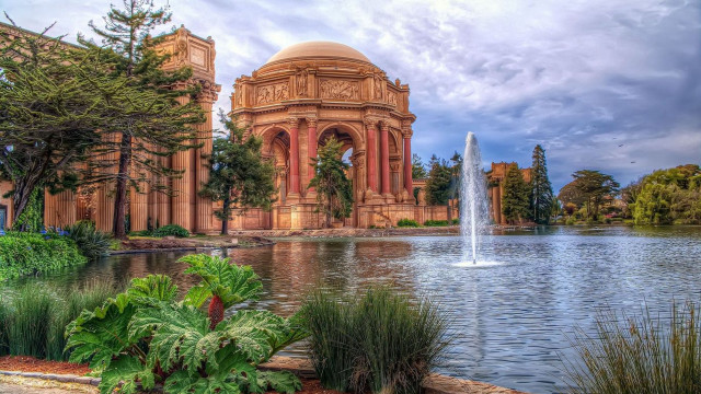 Large building fountain sky clouds free wallpaper for desktop - medium preview image