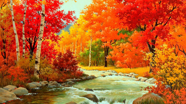 Stream forest trees rocks painting free wallpaper for desktop - medium preview image