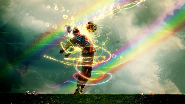 Man running field rainbow sky free wallpaper for desktop - medium preview image