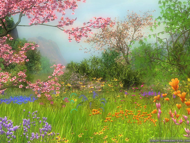 Field flowers trees mountain blue free wallpaper for desktop - medium preview image
