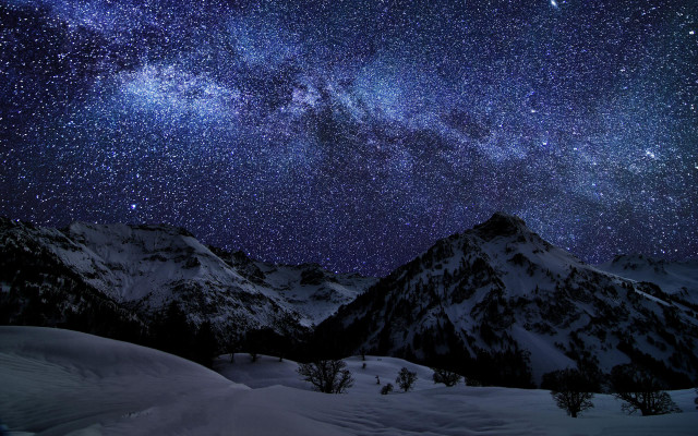 Night sky mountains snow trees free wallpaper for desktop - medium preview image
