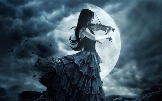 Woman dress violin full moon #2 free wallpaper for desktop - medium preview image