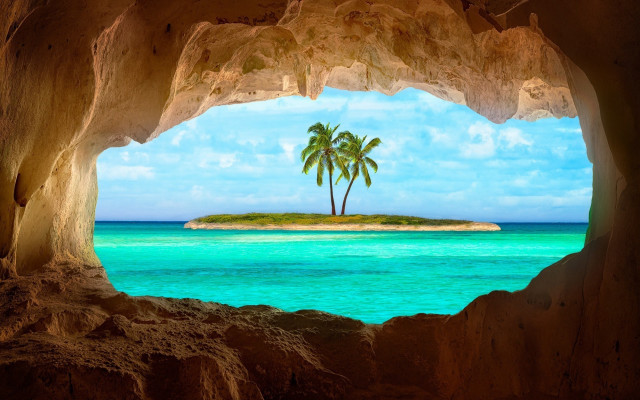 Tropical island cave view palm free wallpaper for desktop - medium preview image