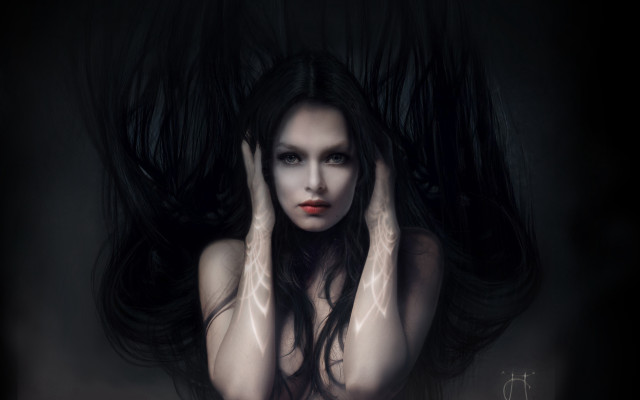 Gothic portrait redlipstick longhair tattoo free wallpaper for desktop - medium preview image