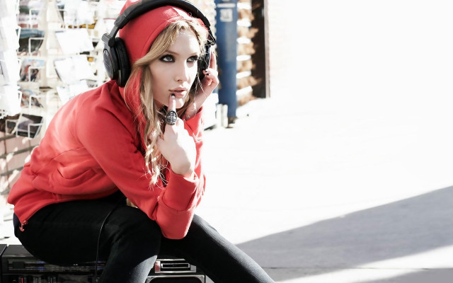 Woman sitting box headphones red free wallpaper for desktop - medium preview image