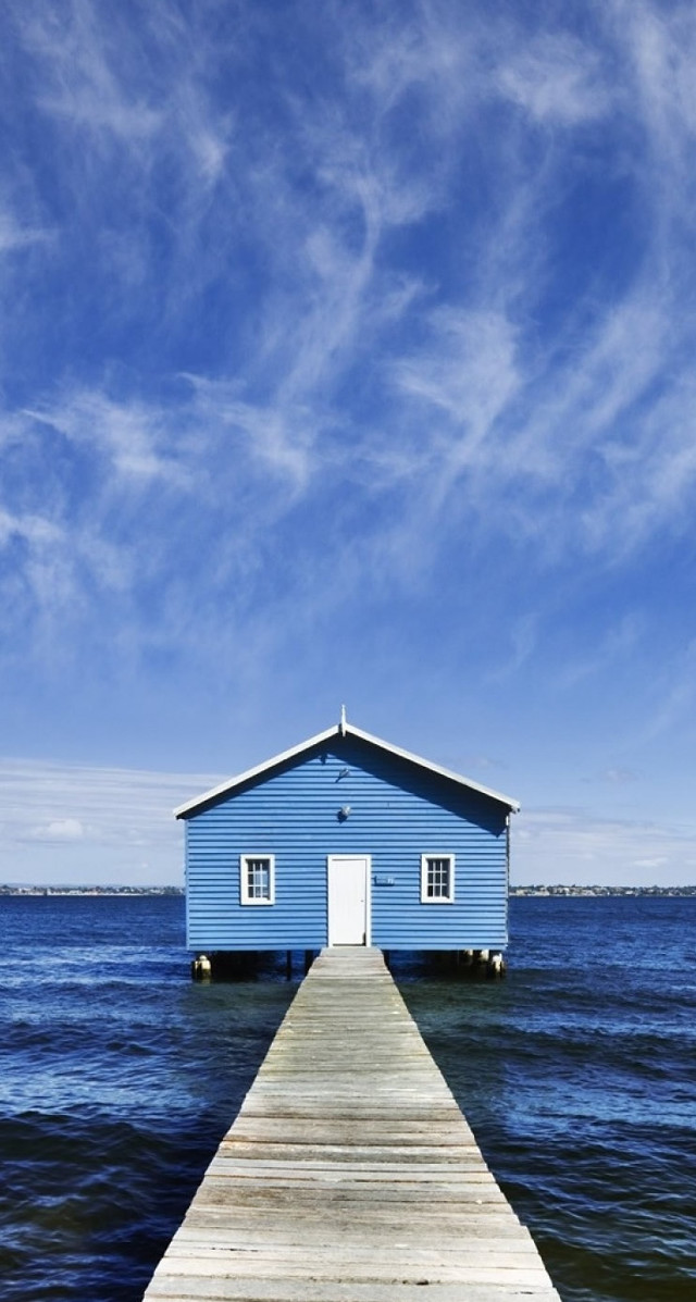 Blue house wooden pier ocean free wallpaper for mobile - medium preview image