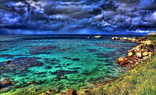 Blue ocean cloudy sky grassy free wallpaper for desktop - medium preview image