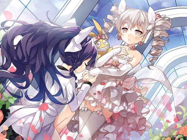 Anime characters hugging garden flowers free wallpaper for desktop - medium preview image