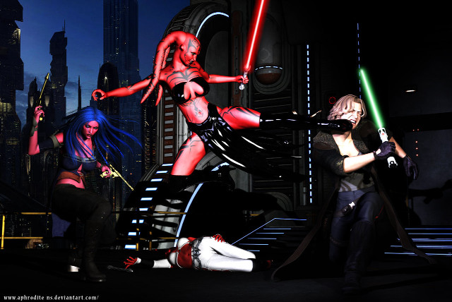 Women costumes lightsabers city nighttime free wallpaper for desktop - medium preview image