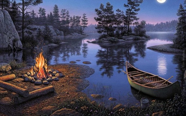 Boat lake campfire canoe night free wallpaper for desktop - medium preview image