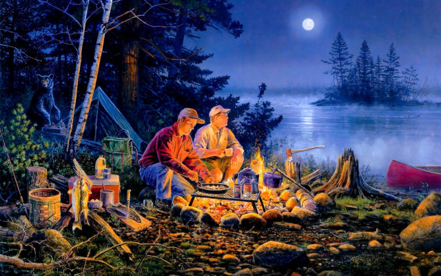 Campfire men sitting boat background free wallpaper for desktop - medium preview image