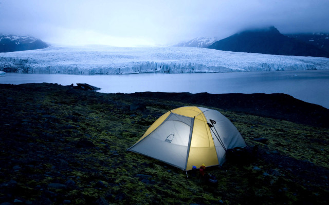 Tent grassy hill glacier lake free wallpaper for desktop - medium preview image