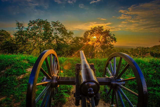 Cannon wooden rail field sunset free wallpaper for desktop - medium preview image