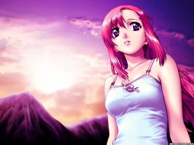 Pink hair blue dress mountain free wallpaper for desktop - medium preview image