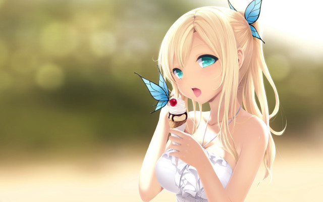 Woman blue butterfly cupcake anime free wallpaper for desktop - medium preview image