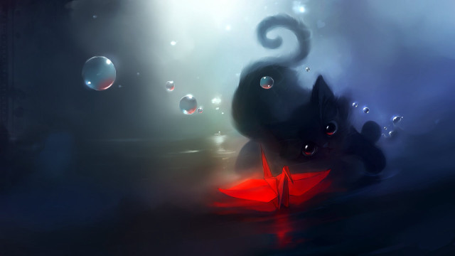 Cat red tail bubbles moonlight free wallpaper for desktop - medium preview image