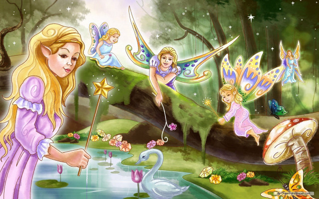 Fairy pond swan background painting free wallpaper for desktop - medium preview image