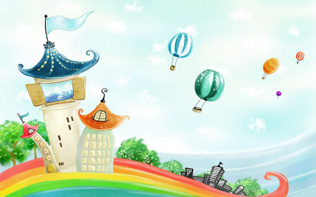 Rainbow building hotair balloons storybook free wallpaper for desktop - medium preview image