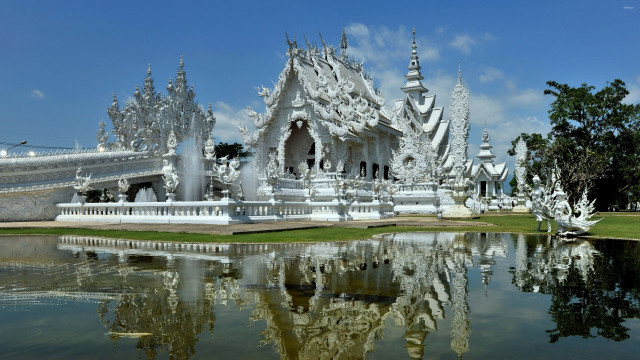 White building pond sky clouds free wallpaper for desktop - medium preview image