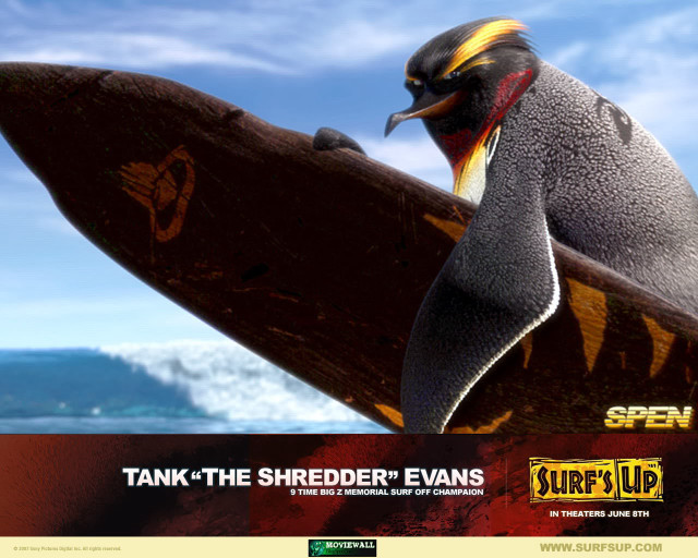 Penguin surfboard water sky caption free wallpaper for desktop - medium preview image