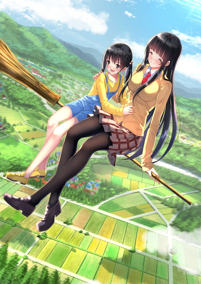 Anime girls swing green landscape free wallpaper for mobile - medium preview image