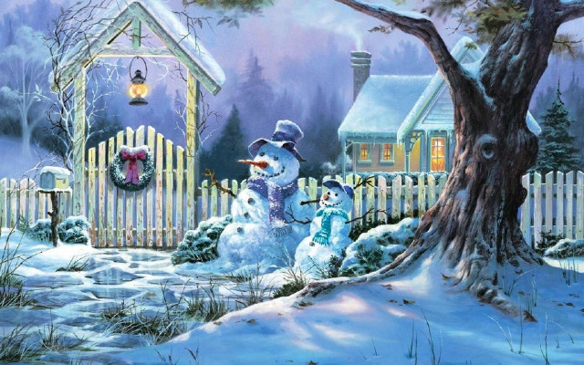 Snowman snowy yard house tree #2 free wallpaper for desktop - medium preview image