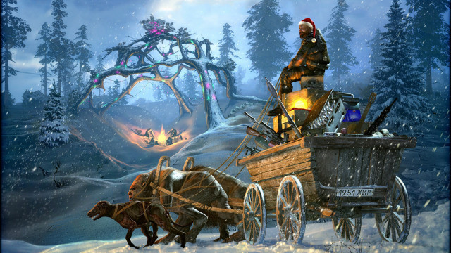 Snowy forest carriage fire aurora free wallpaper for desktop - medium preview image