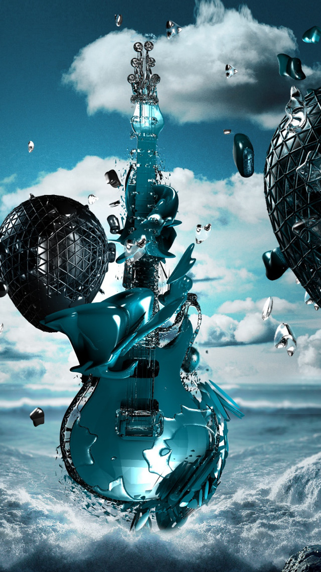Surreal guitar floating sky background free wallpaper for mobile - medium preview image