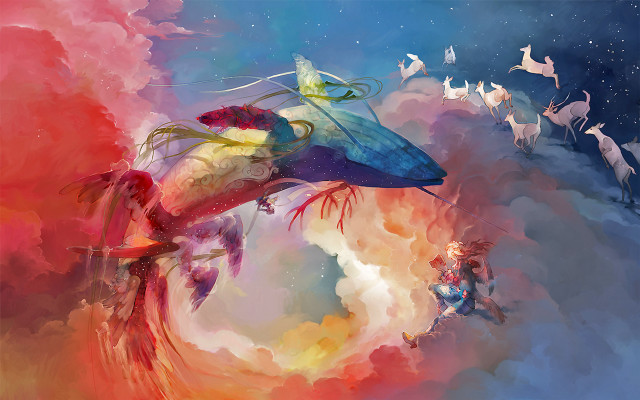 Woman flying birds sky horse free wallpaper for desktop - medium preview image