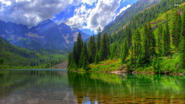 Mountain lake forest green trees free wallpaper for desktop - medium preview image