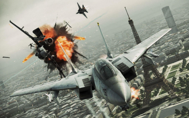 Fighter jet city explosion damaged free wallpaper for desktop - medium preview image