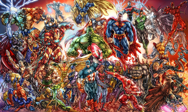 Superhero group painting red blue free wallpaper for desktop - medium preview image