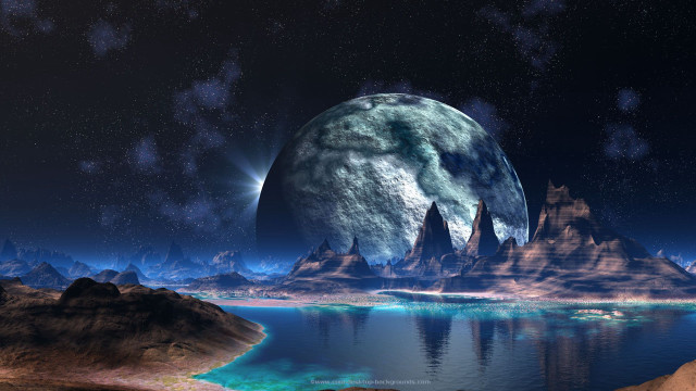 Planet mountains lake foreground distant free wallpaper for desktop - medium preview image
