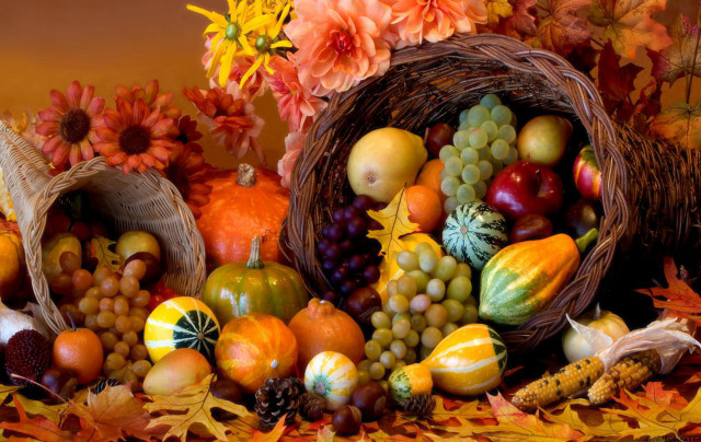 Basket fruit vegetables autumn leaves free wallpaper for desktop - medium preview image