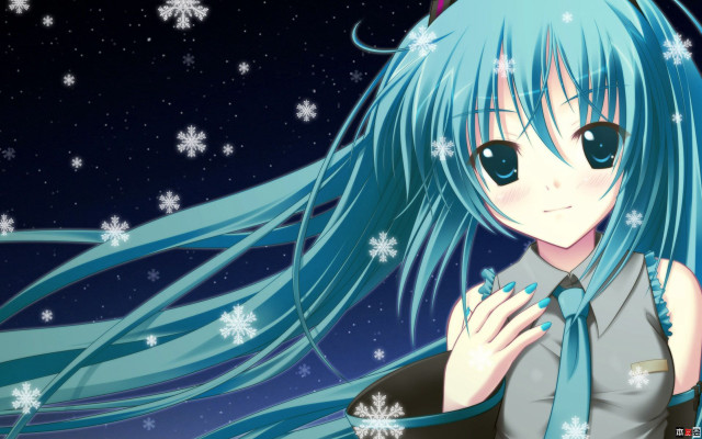 Girl blue hair tie snowflakes free wallpaper for desktop - medium preview image