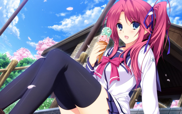 Pink haired girl sitting donut free wallpaper for desktop - medium preview image