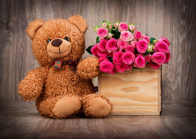 Teddy bear box roses wooden free wallpaper for desktop - medium preview image