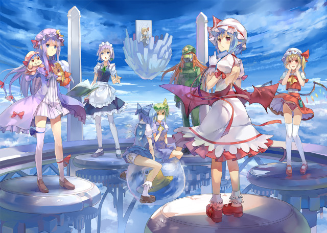 Anime girls platform sky clouds free wallpaper for desktop - medium preview image